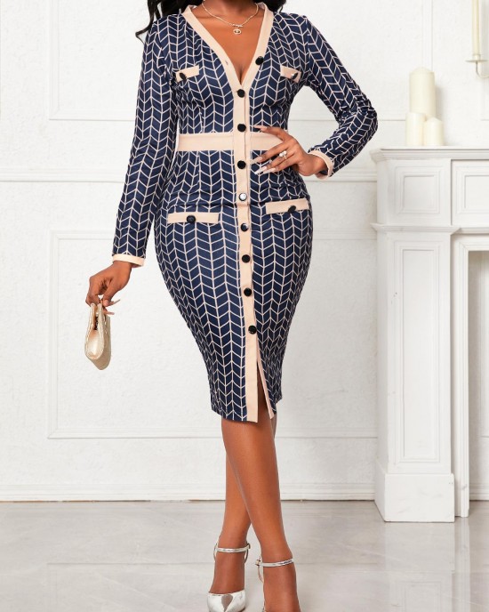 Long Sleeve Button Navy V Neck Bodycon Dress