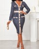 Long Sleeve Button Navy V Neck Bodycon Dress