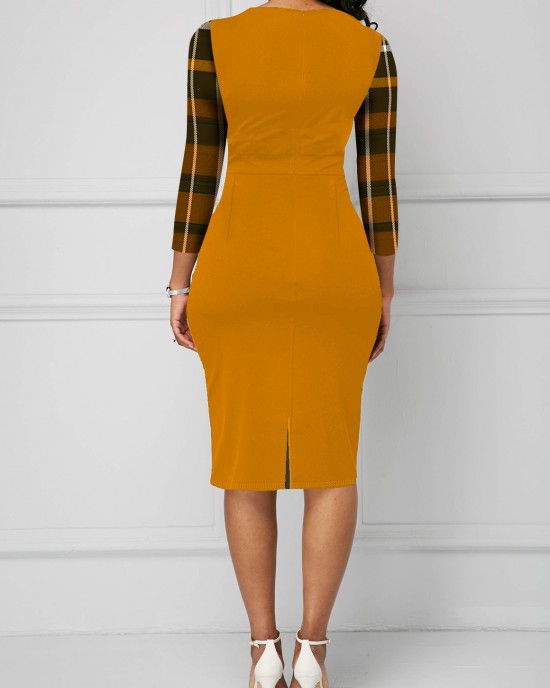 Ginger Plaid Button Round Neck Bodycon Dress