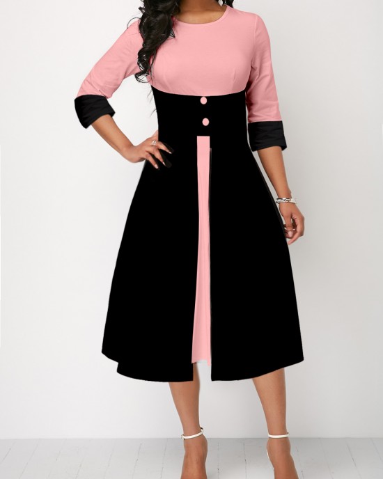 Pink High Waisted Faux Two Piece Round Neck Dress