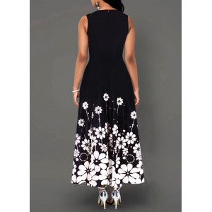 Round Neck Flower Print Color Block Maxi Dress