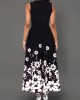 Round Neck Flower Print Color Block Maxi Dress