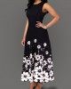 Round Neck Flower Print Color Block Maxi Dress