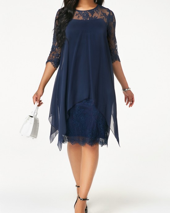 Chiffon Overlay Three Quarter Sleeve Lace Dress