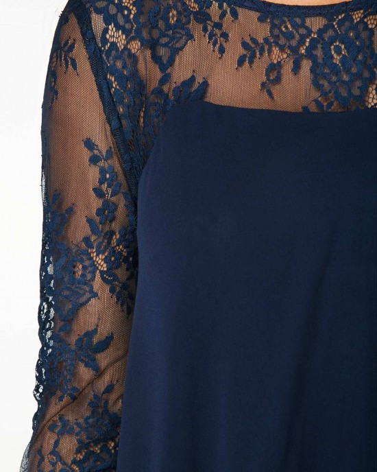 Chiffon Overlay Three Quarter Sleeve Lace Dress