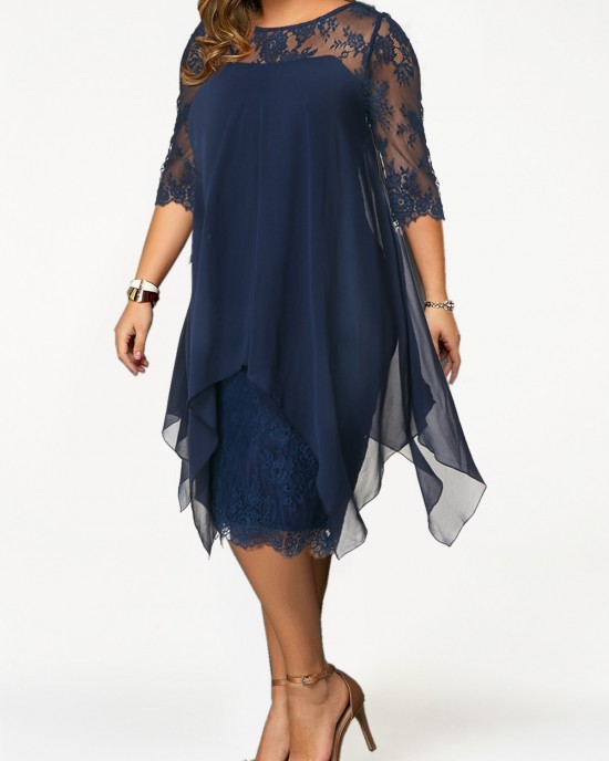 Chiffon Overlay Three Quarter Sleeve Lace Dress