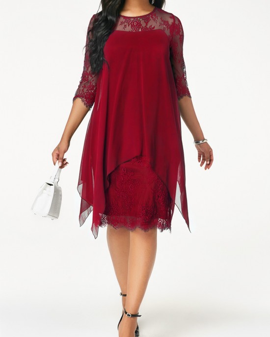 Chiffon Overlay Three Quarter Sleeve Lace Dress