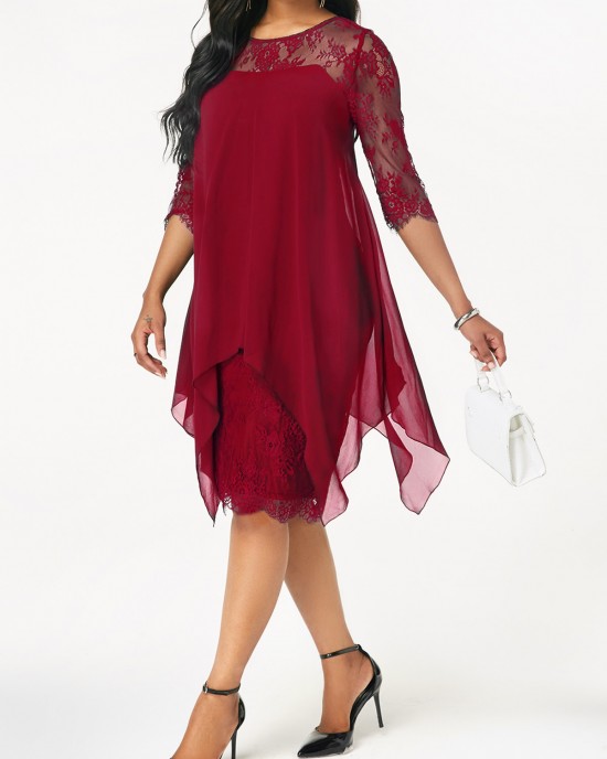 Chiffon Overlay Three Quarter Sleeve Lace Dress