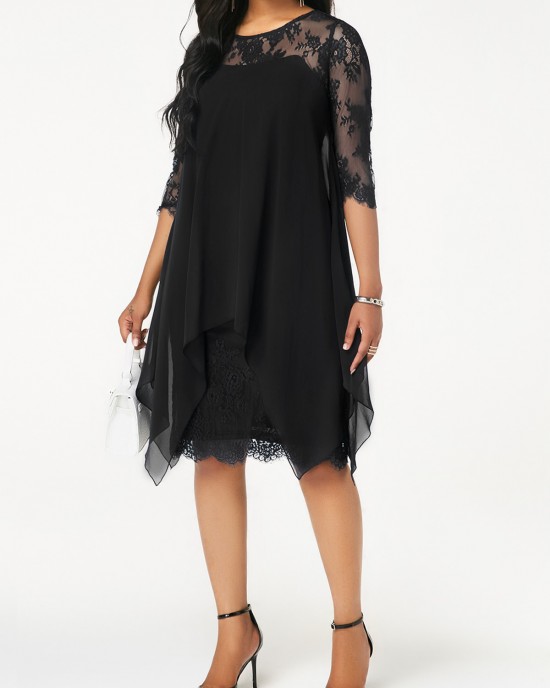 Chiffon Overlay Three Quarter Sleeve Lace Dress