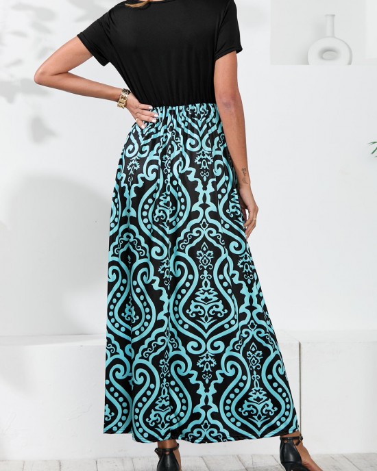 Tribal Print Cyan Round Neck Dress