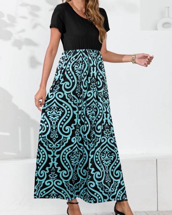 Tribal Print Cyan Round Neck Dress