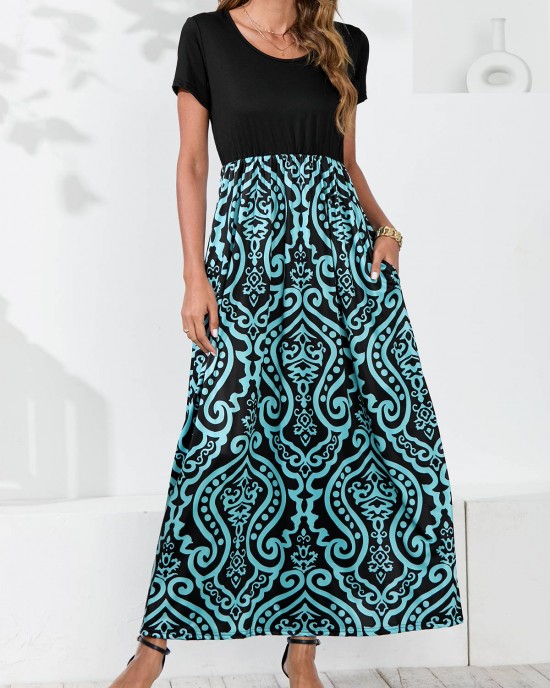 Tribal Print Cyan Round Neck Dress