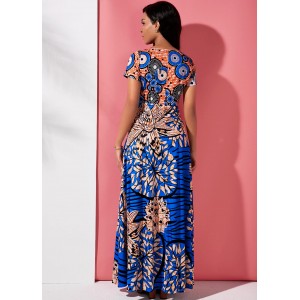 Round Neck Short Sleeve Tribal Print Maxi Dress