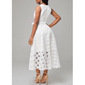 White Mesh Belted Sleeveless Round Neck Dress