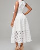 White Mesh Belted Sleeveless Round Neck Dress