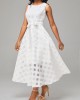 White Mesh Belted Sleeveless Round Neck Dress