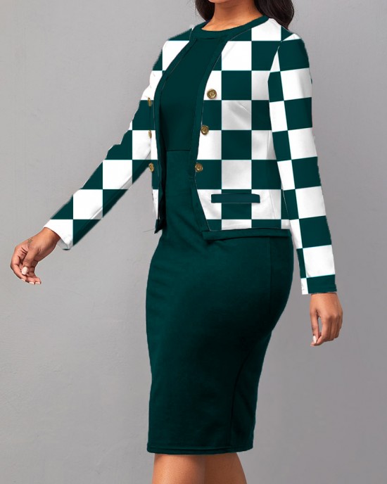 Round Neck Checkered Print Long Sleeve Two Piece Dress