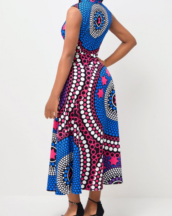 Multi Color Tribal Print Double Side Pockets Dress