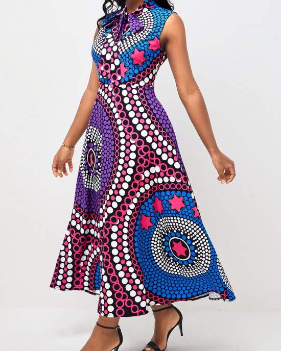 Multi Color Tribal Print Double Side Pockets Dress