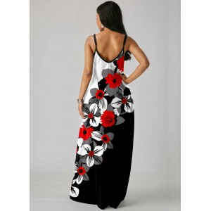 Floral Print Side Pocket Color Block Maxi Dress