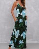 Double Side Pockets Floral Print Blue Dress