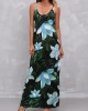 Double Side Pockets Floral Print Blue Dress