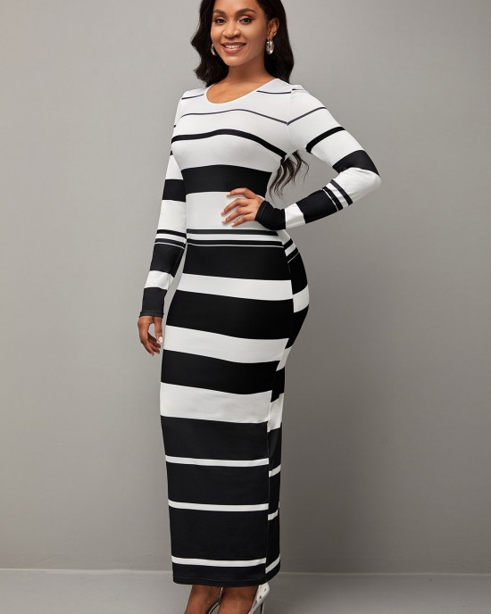 Striped Round Neck Color Block Dress