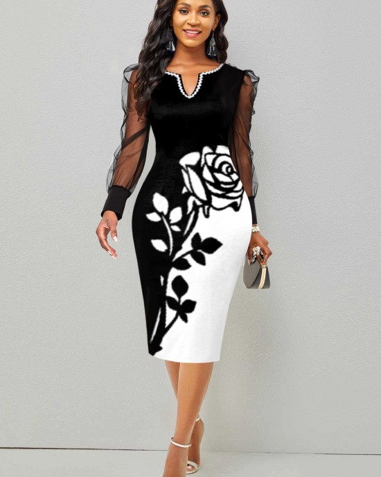 Mesh Stitching Black Floral Print Dress