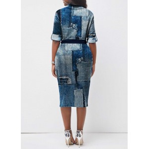 Button Belted Denim Look Print Midi Dress