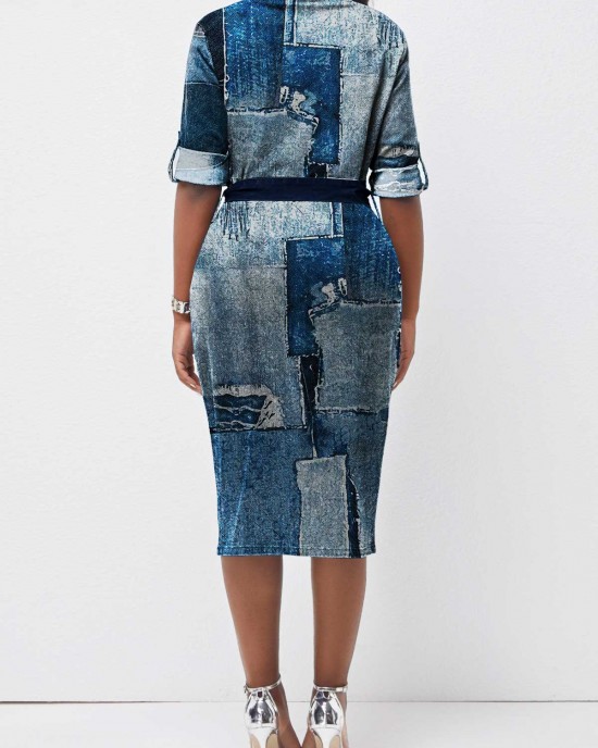 Button Belted Denim Look Print Midi Dress