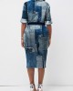 Button Belted Denim Look Print Midi Dress