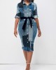 Button Belted Denim Look Print Midi Dress