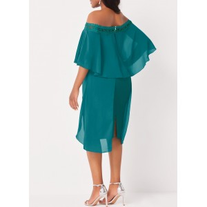 Off Shoulder Lace Stitching Flounce Turquoise Dress