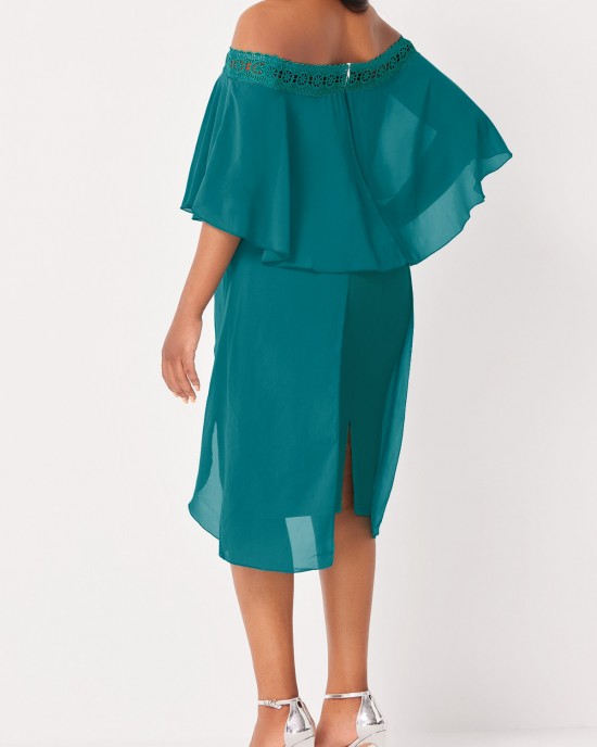 Off Shoulder Lace Stitching Flounce Turquoise Dress