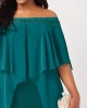 Off Shoulder Lace Stitching Flounce Turquoise Dress