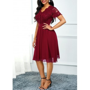 High Waist Lace Panel Short Sleeve Red Dress