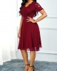 High Waist Lace Panel Short Sleeve Red Dress