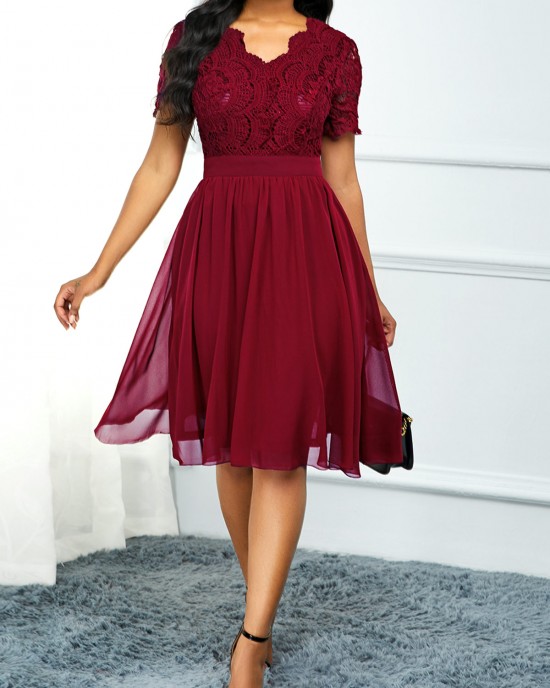 High Waist Lace Panel Short Sleeve Red Dress