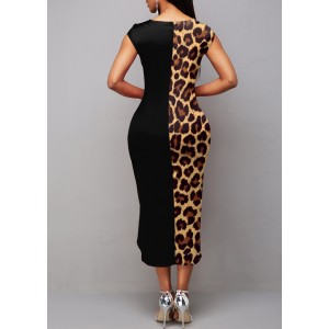 Short Sleeve Boat Neck Leopard Dress