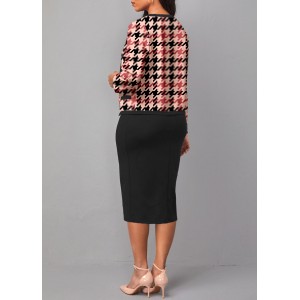 Houndstooth Print Two Piece Pink Dress and Cardigan