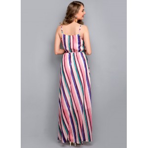 Sleeveless Drawstring Waist Striped Print Maxi Dress