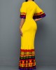 Tribal Print Yellow V Neck Butterfly Sleeve Mermaid Dress