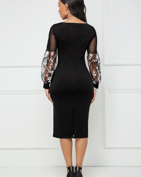 Lace Stitching Embroidered Square Collar Bodycon Dress