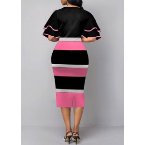 Color Block Layered Bell Sleeve V Neck Dress