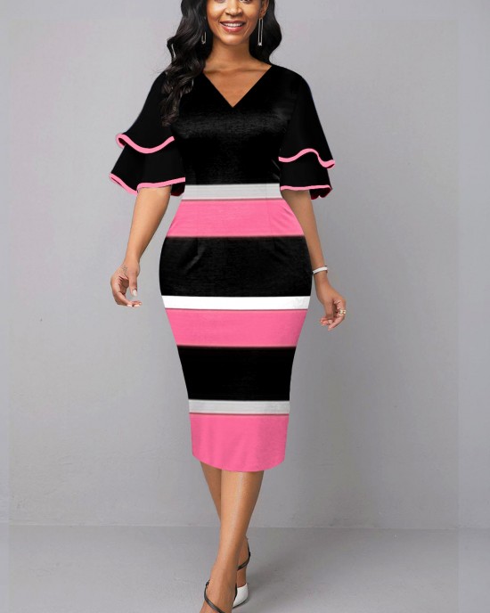 Color Block Layered Bell Sleeve V Neck Dress