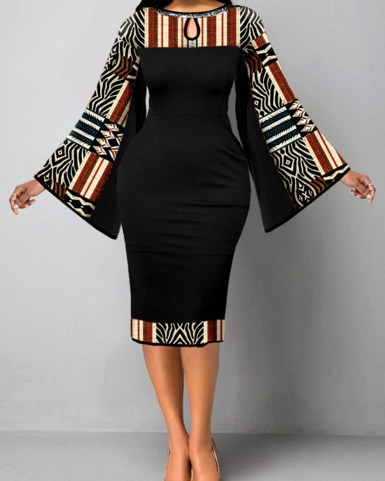 African Tribal Print Patchwork Black Bodycon Dress