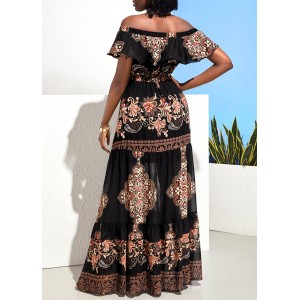 Black Off Shoulder Flounce Tribal Print Maxi Dress