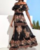 Black Off Shoulder Flounce Tribal Print Maxi Dress