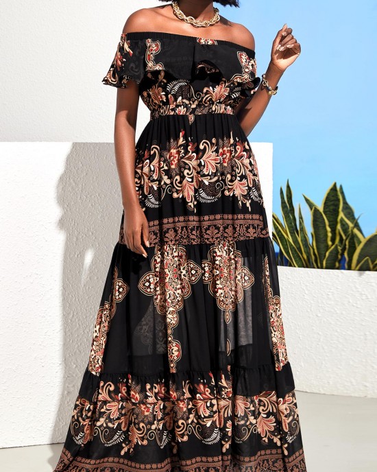 Black Off Shoulder Flounce Tribal Print Maxi Dress