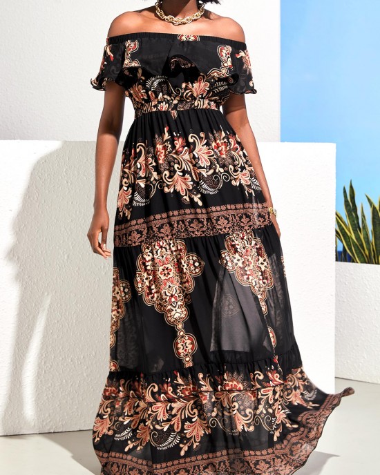 Black Off Shoulder Flounce Tribal Print Maxi Dress